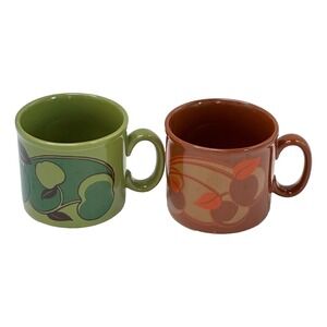 Vintage Staffordshire Potteries Mug Lot 2 Green Apple Brown Leaves 1970s